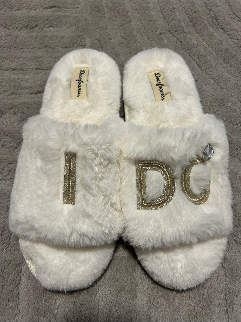 dearfoams “I Do” White/Cream Faux-Fur Slide Slippers with Gold Accents and Jewel